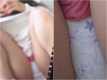 大学生旅行者の、お座りパンチラ