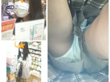 ★友達と買い物中の女の子 チェックのヒラミニ内部のハミ Pを真下から接写 ☆逆さ撮り