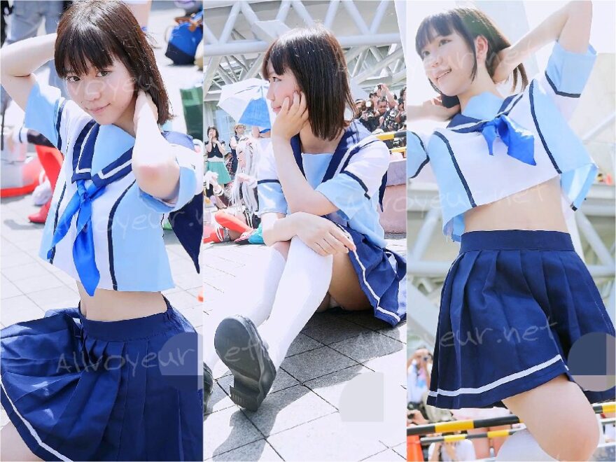 コミックマーケット コスプレ 美人レイヤーさんのへそ出し制服コスプレ コミケ パンチラ